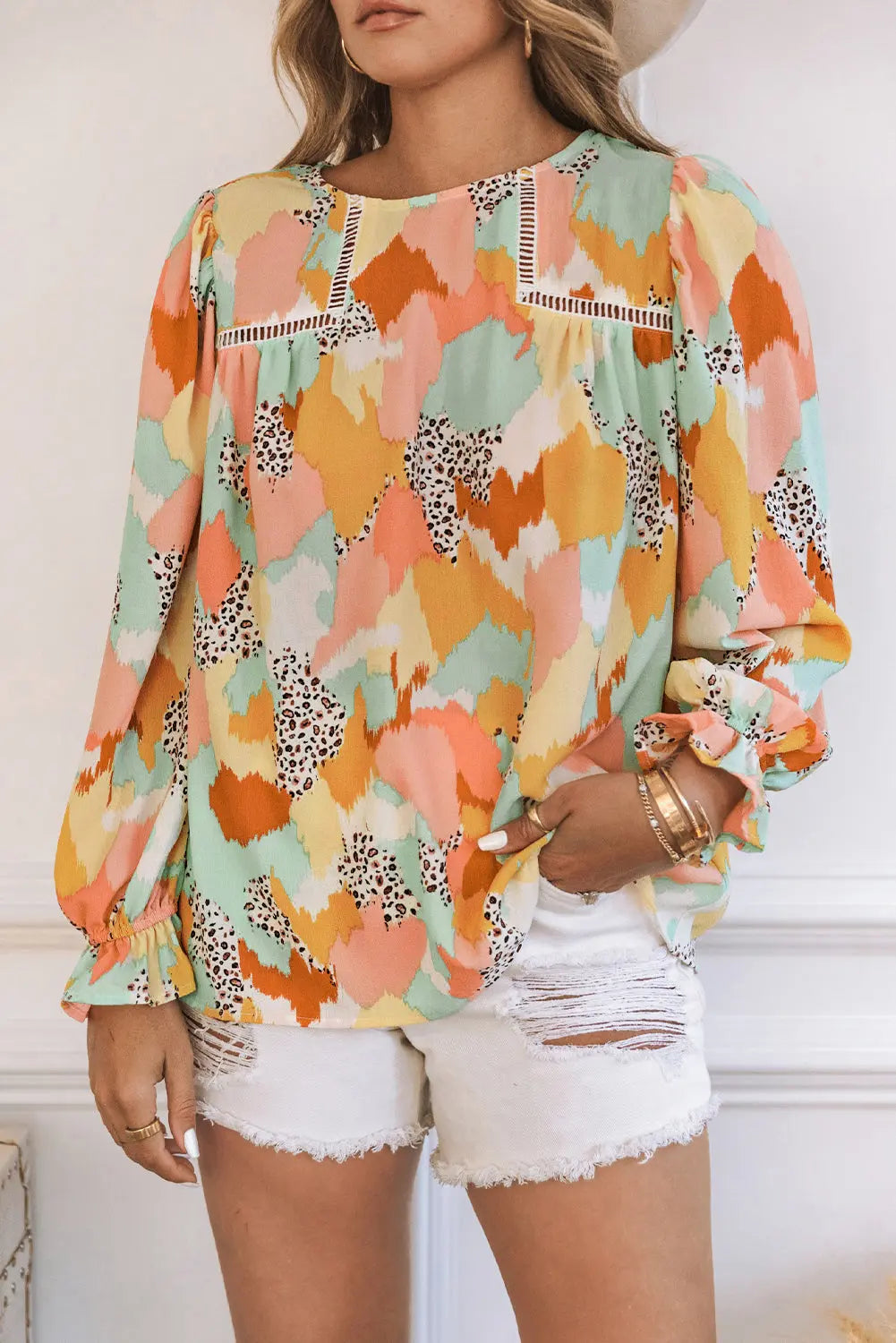 Boho Frill Multicolor Abstract Print Long Sleeve Blouse - ThingsWeUseAndLove 