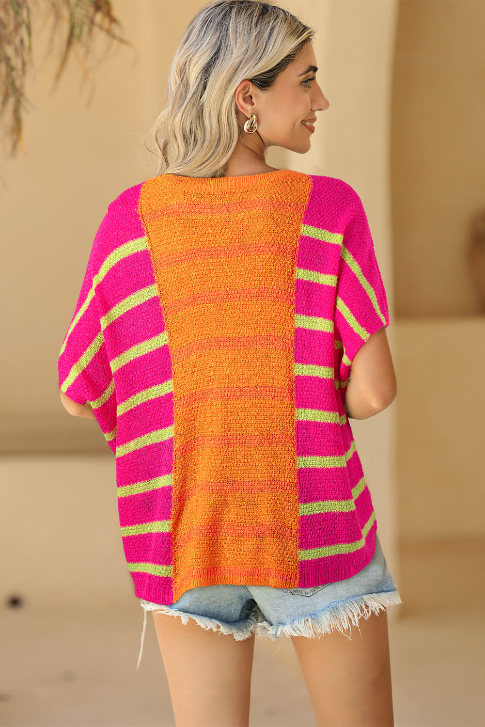 Strawberry Striped Colorblock Short Sleeve Knit Top - ThingsWeUseAndLove 