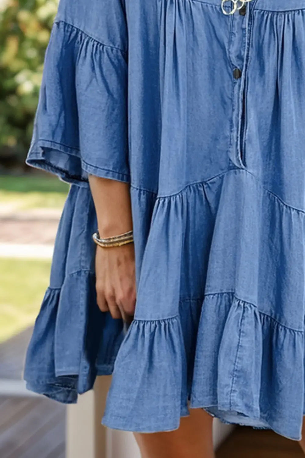 Nura Notched Flare Sleeve Denim Dress - ThingsWeUseAndLove 