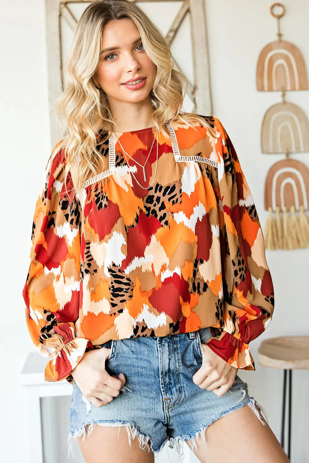 Boho Frill Multicolor Abstract Print Long Sleeve Blouse - ThingsWeUseAndLove 