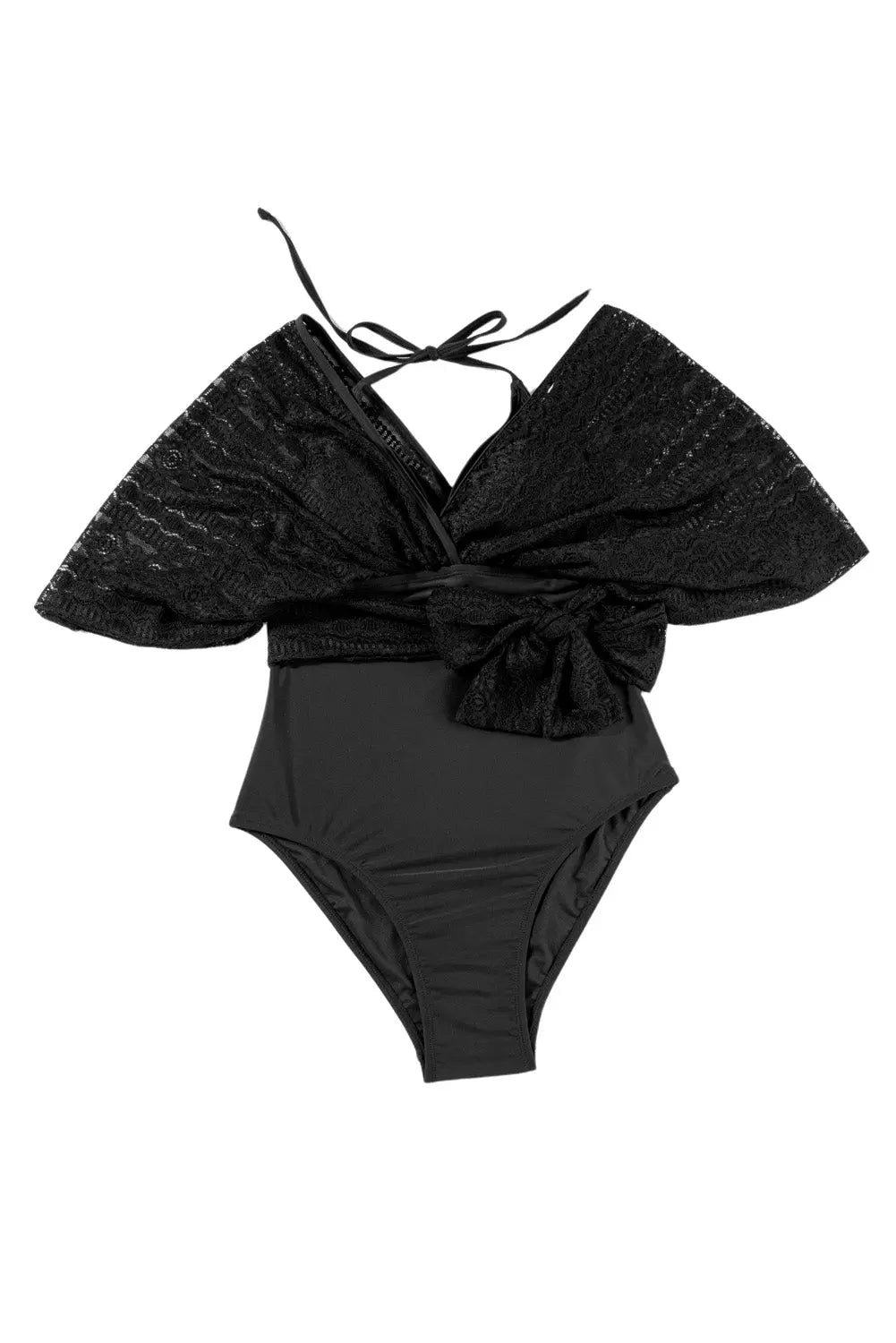 One Piece Black Lace Patchwork Short Sleeve V Neck Swimsuit - ThingsWeUseAndLove 