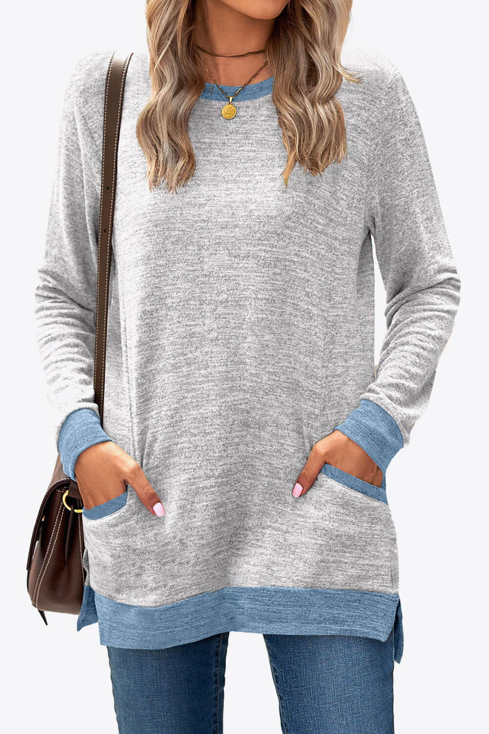 Heathered Slit Top with Pockets - ThingsWeUseAndLove Light-Gray-2XL