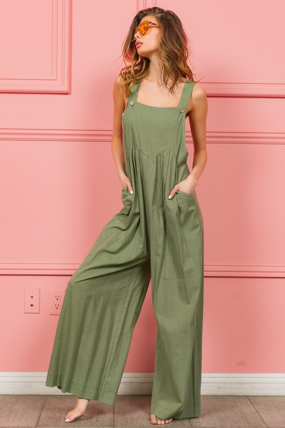 BiBi Ruched Wide Leg Overalls with Pockets - ThingsWeUseAndLove 