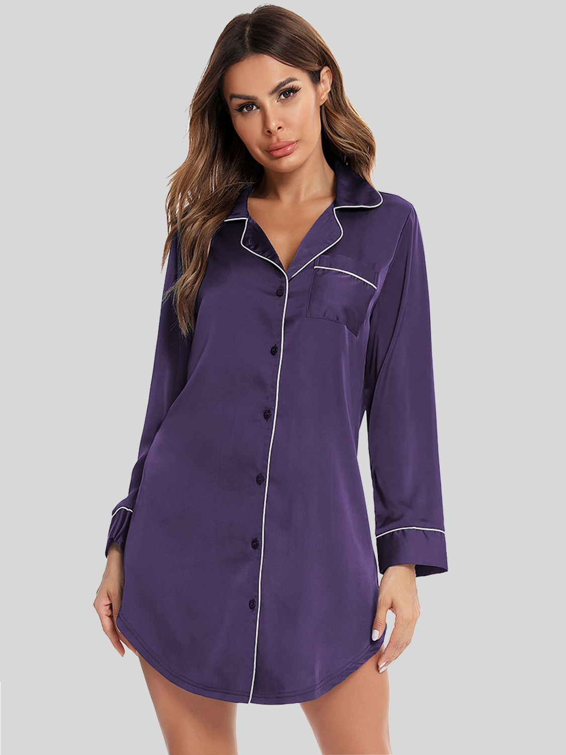 Button Up Lapel Collar Night Dress with Pocket - ThingsWeUseAndLove Violet-2XL