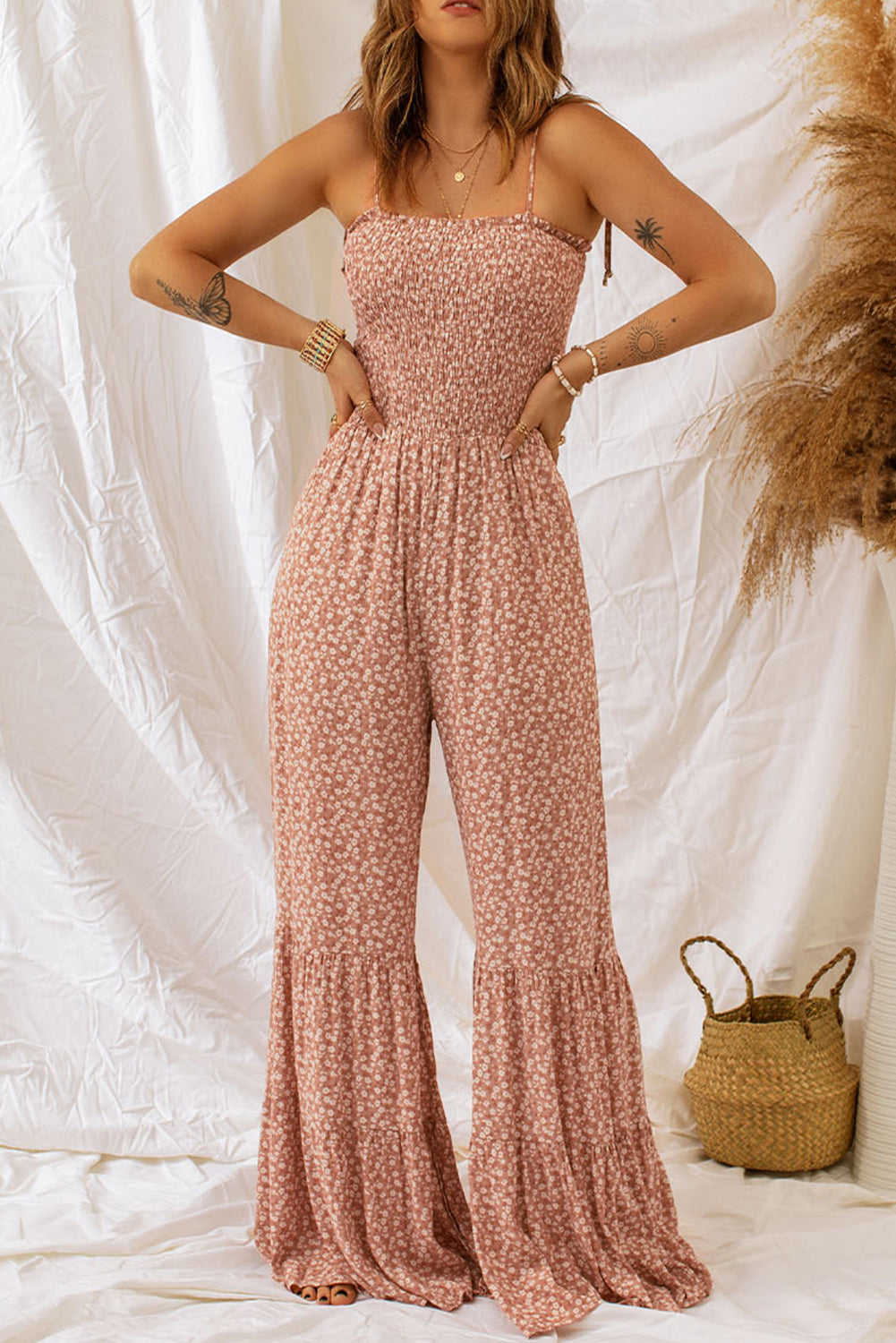 Floral Thin Straps Smocked Bodice Wide Leg Jumpsuit - ThingsWeUseAndLove 