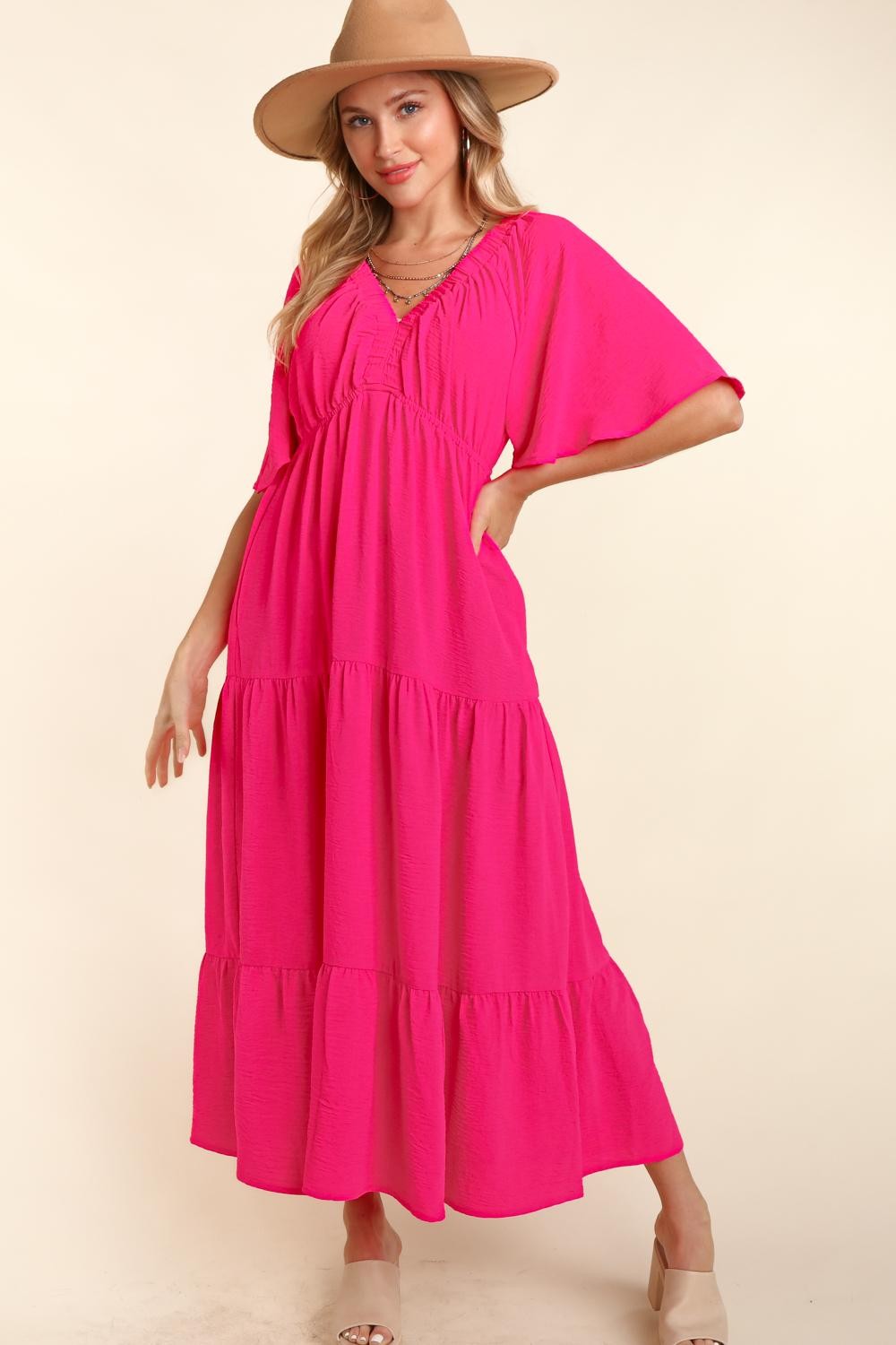 Haptics Tiered Babydoll Maxi Dress with Side Pocket - ThingsWeUseAndLove Hot-Pink-L