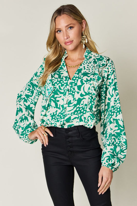 Double Take Full Size Printed Ruffle Trim Balloon Sleeve Shirt - ThingsWeUseAndLove Mid-Green-3XL