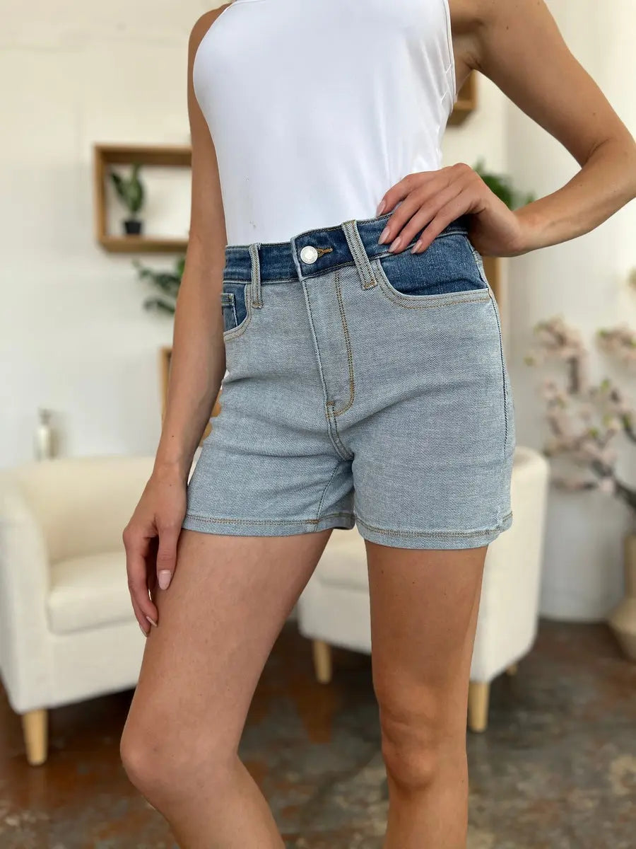 Aerlene Judy Blue Size Inclusive Color Block Denim Shorts - ThingsWeUseAndLove 