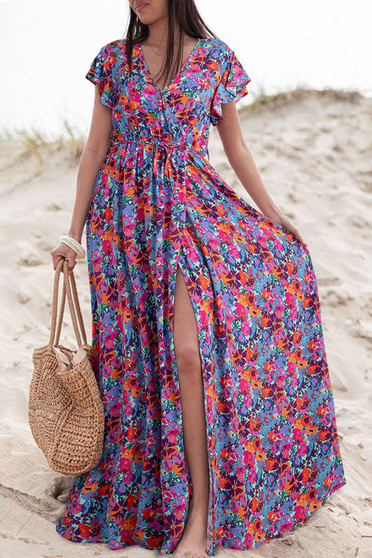 Blue Boho Floral Print V Neck Wrap Split Maxi Dress - ThingsWeUseAndLove Blue-XL