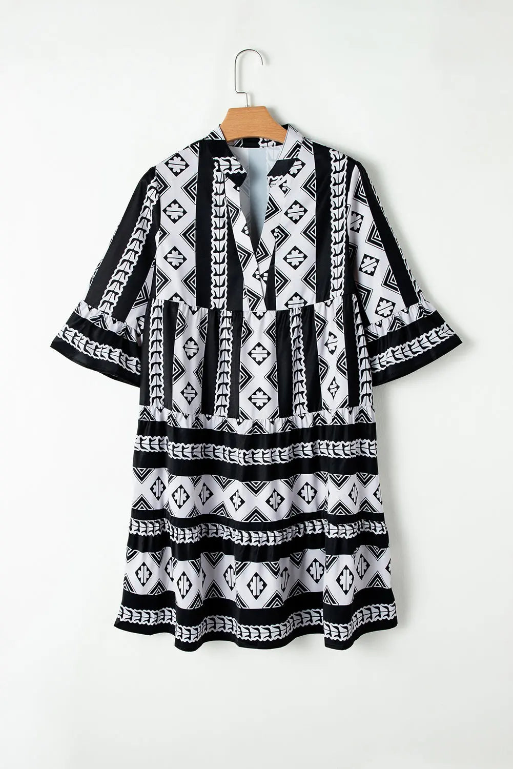 Black Abstract Print Bell Sleeve V Neck Boho Dress - ThingsWeUseAndLove 