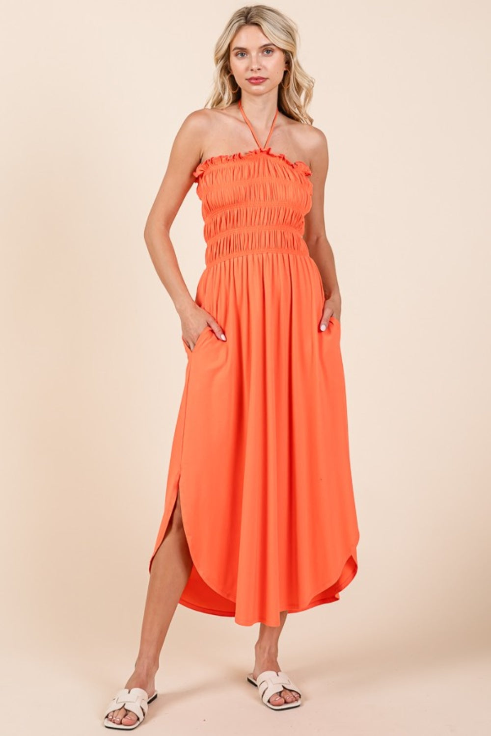 Tie Back Living Coral Shirring Dress with Pockets - ThingsWeUseAndLove 