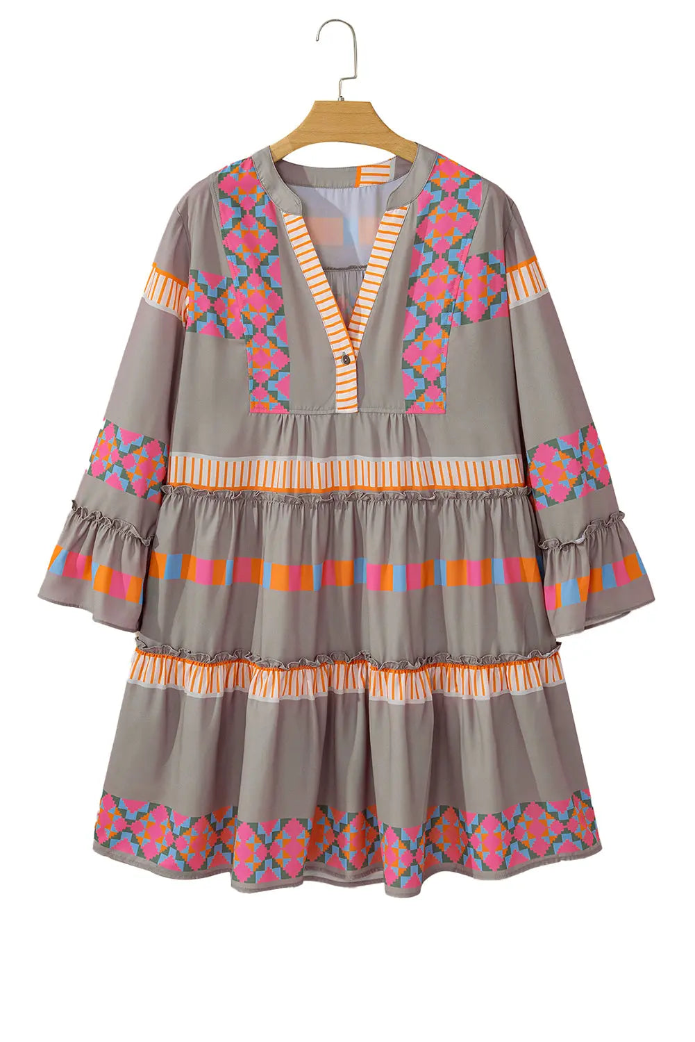 Simply Taupe Ethnic Geometric Print Ruffle Mini Dress - ThingsWeUseAndLove 