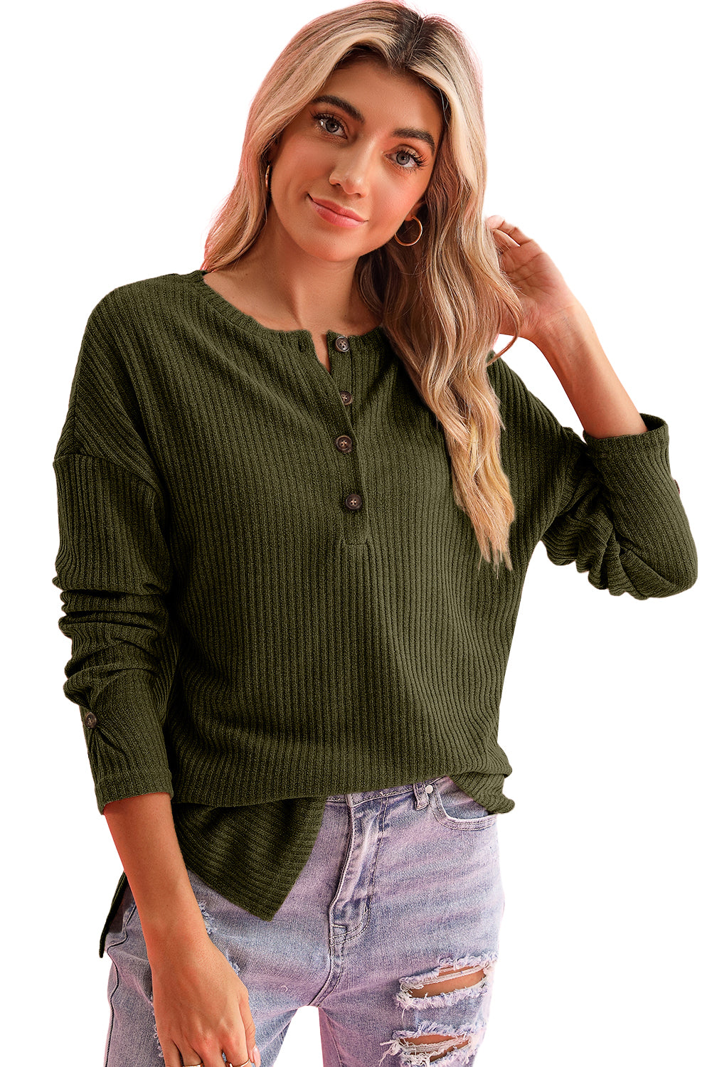 Drop Shoulder Ribbed Knit Long Sleeve Henley Top - ThingsWeUseAndLove 