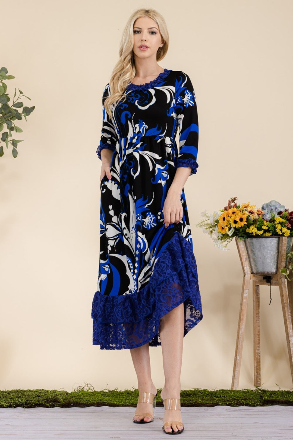Paisley Print Lace Ruffled Midi Dress - ThingsWeUseAndLove 