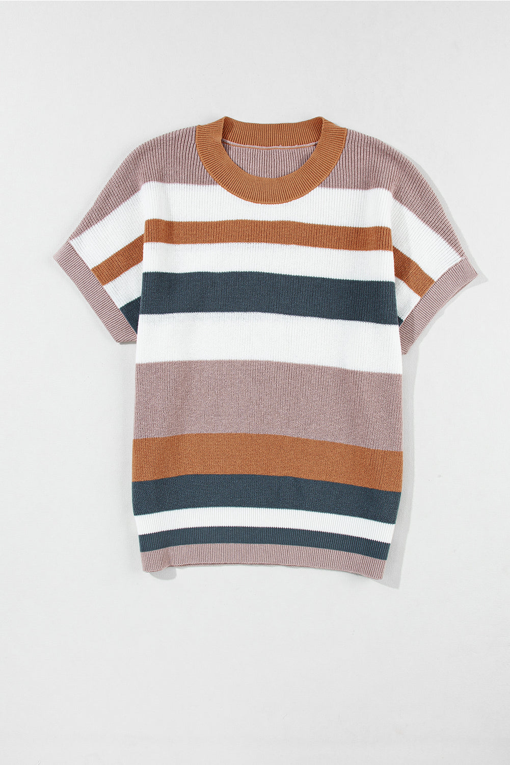 Camel Striped Colorblock Knit Short Sleeve T-shirt - ThingsWeUseAndLove 