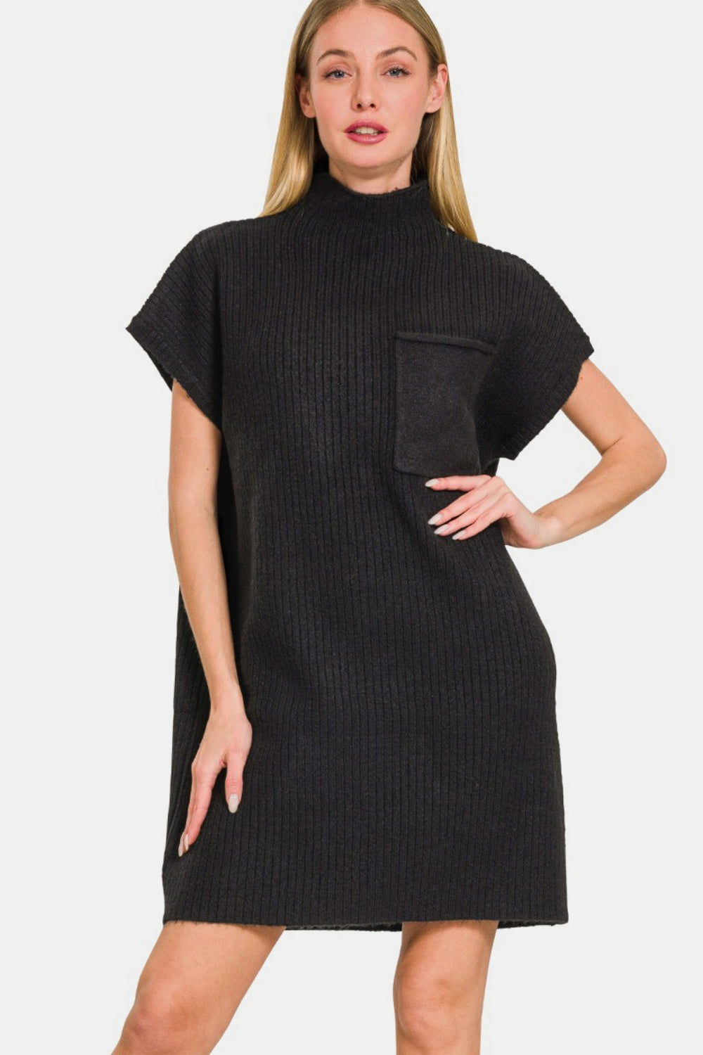 Short Sleeve Black Sweater Mini Dress - ThingsWeUseAndLove Black-L