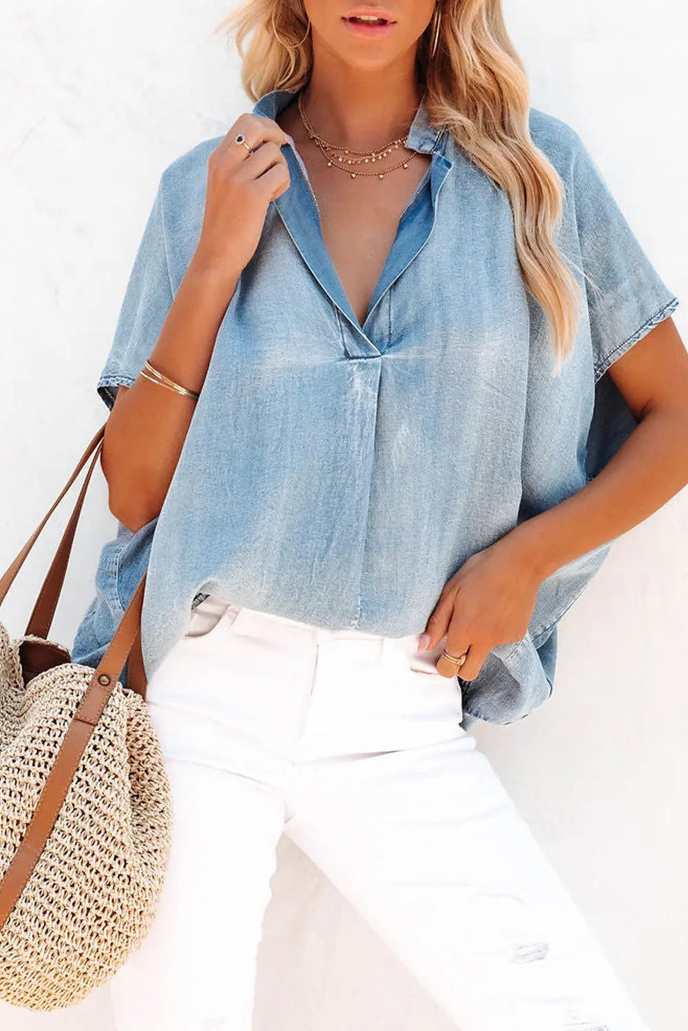 Sky Blue Split V Neck Loose Denim Blouse - ThingsWeUseAndLove Sky-Blue-XL