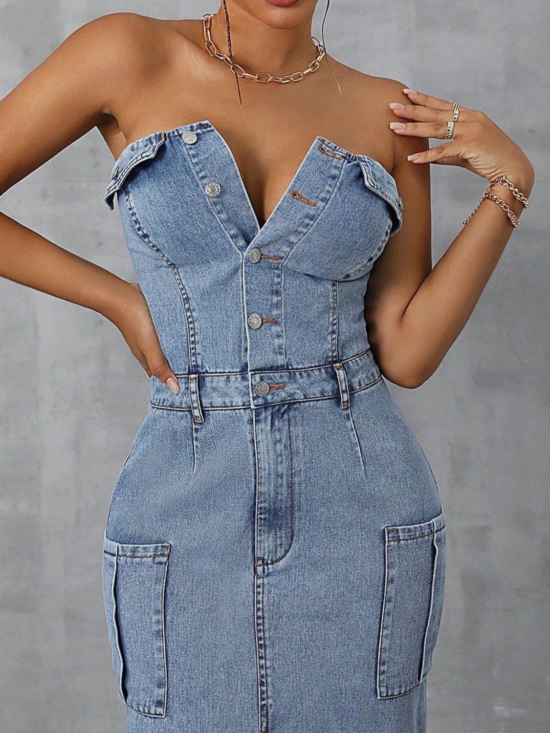 Half Button Denim Dress