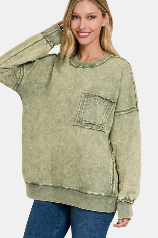 Exposed Seam Round Neck Dropped Shoulder Sweatshirt - ThingsWeUseAndLove LT-Olive-XL