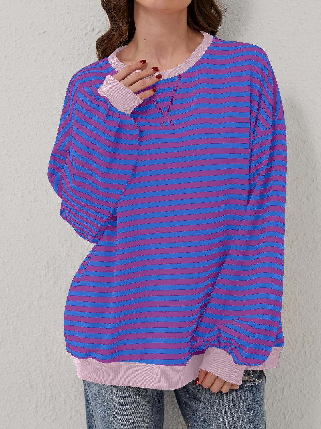 Aviana Contrast Striped Long Sleeve Sweatshirt - ThingsWeUseAndLove Purple-XL