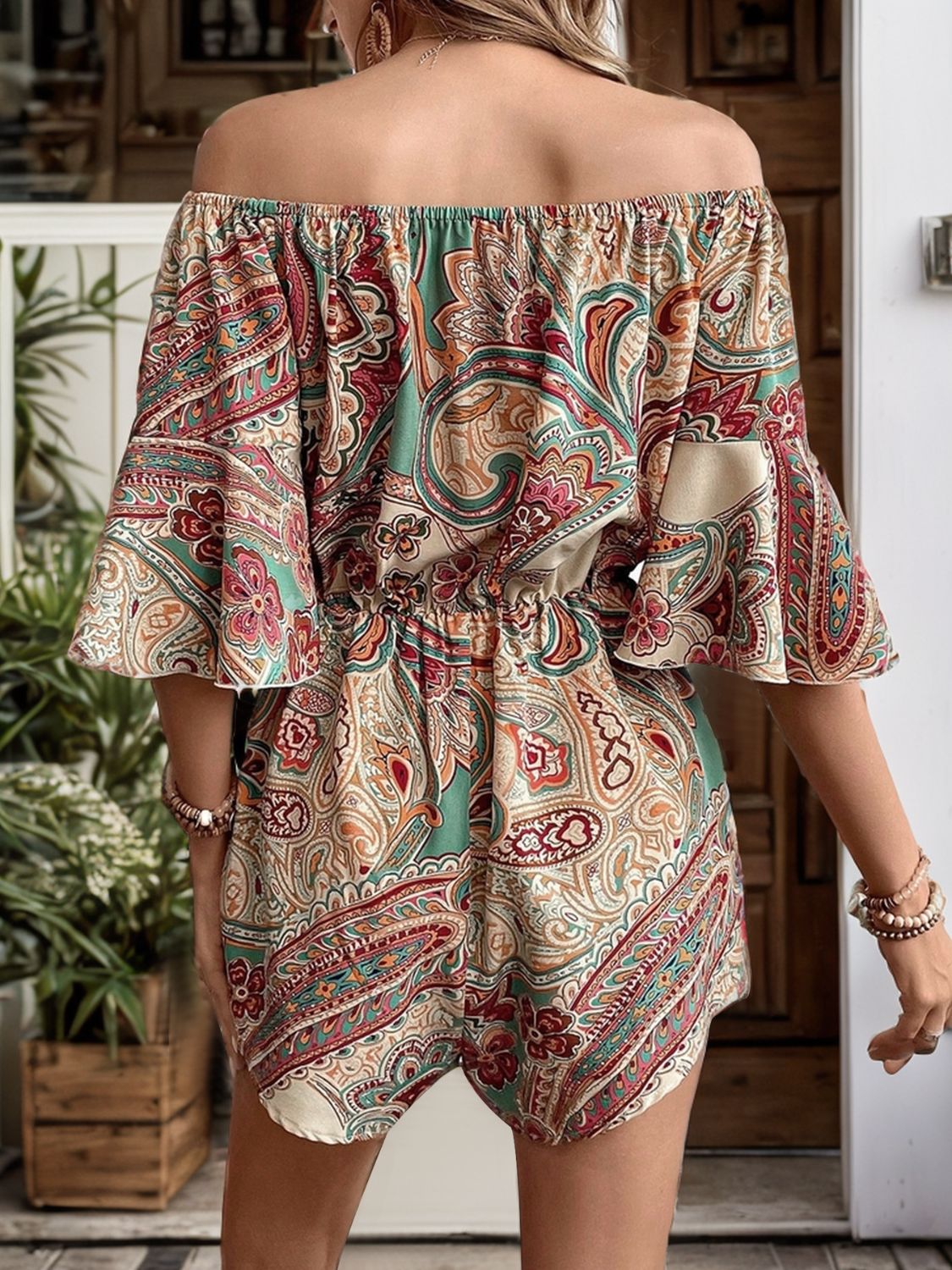 Harwin Off Shoulder Half Sleeve  Printed Romper - ThingsWeUseAndLove 