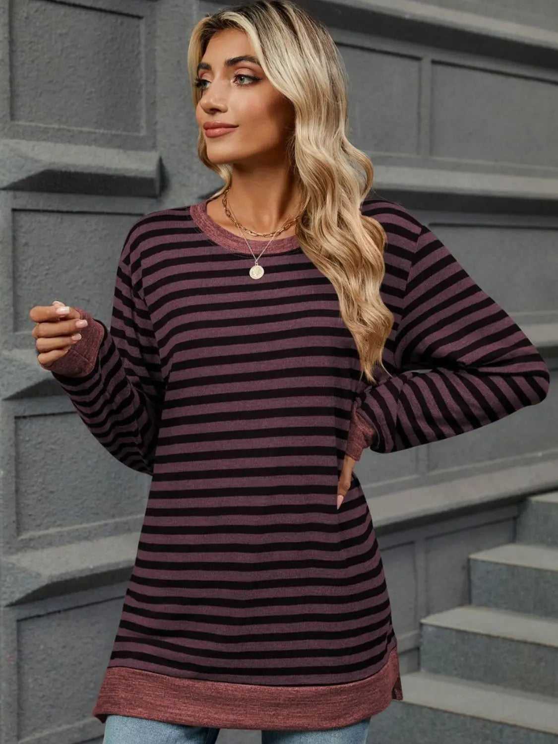 Striped Round Neck Long Sleeve T-Shirt - ThingsWeUseAndLove Plum-2XL