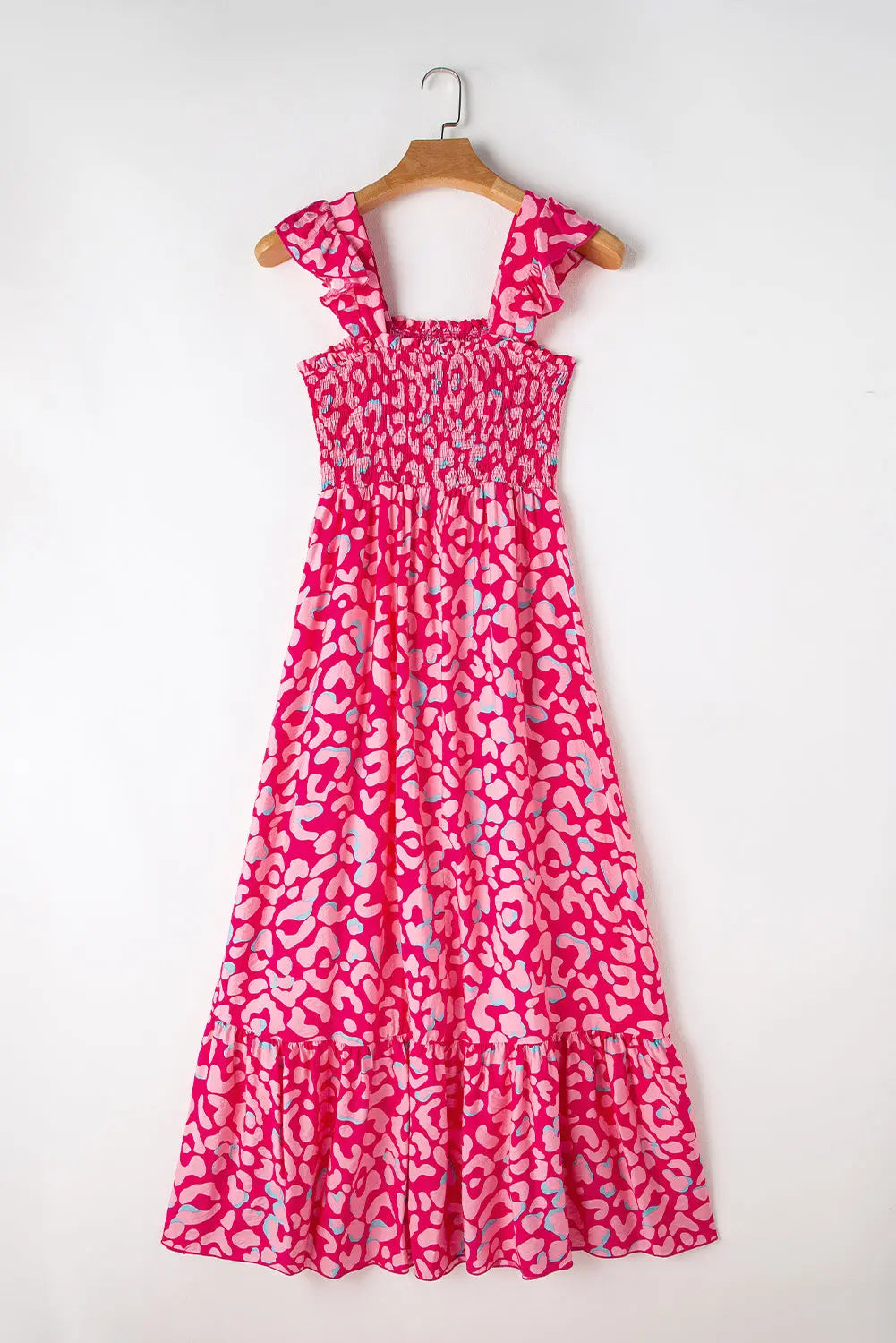 Rose Leopard Ruffle Straps Smocked High Waist Maxi Dress - ThingsWeUseAndLove 