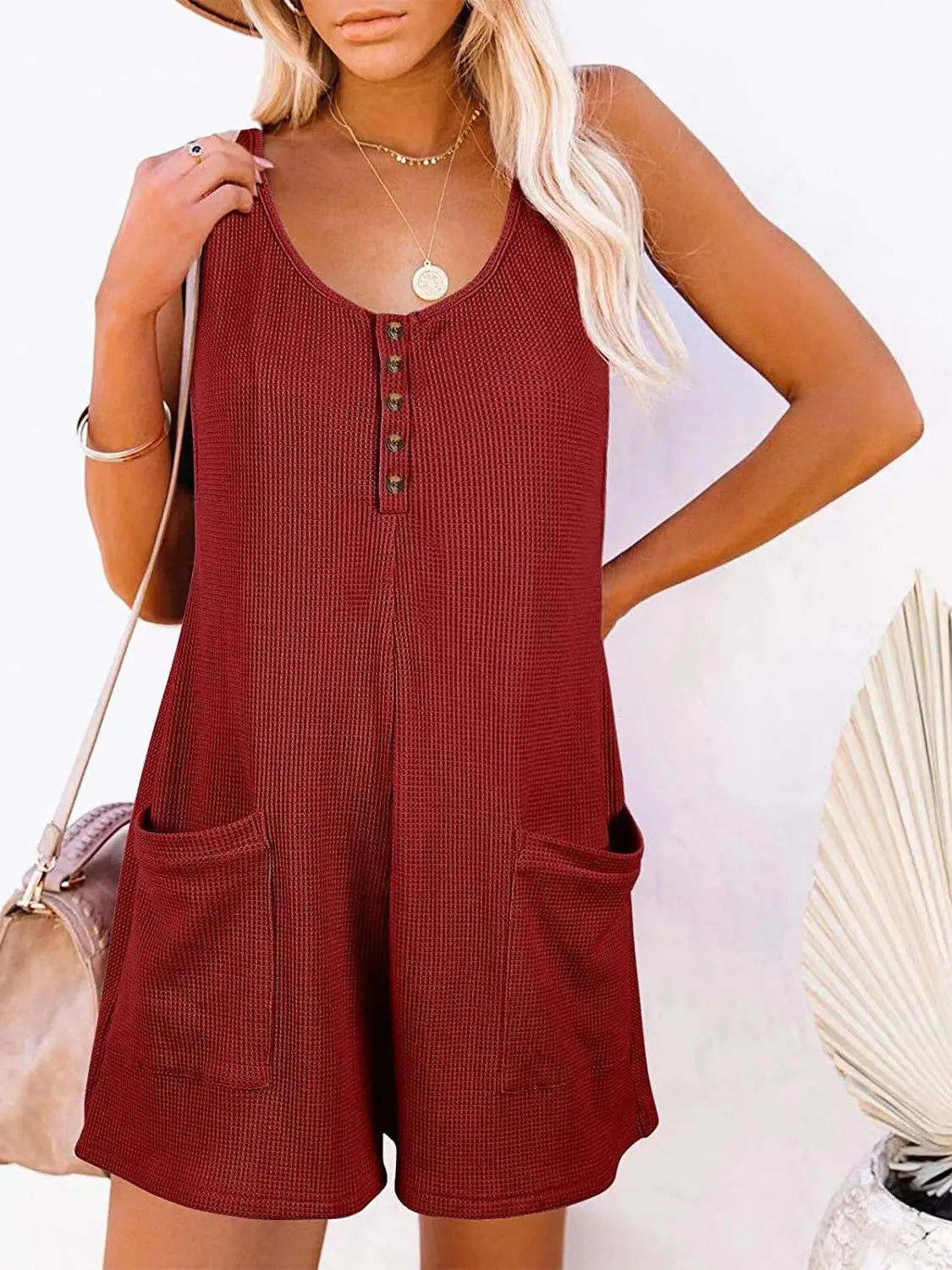 Size Inclusive Pocketed Scoop Neck Sleeveless Romper - ThingsWeUseAndLove Burgundy-3XL