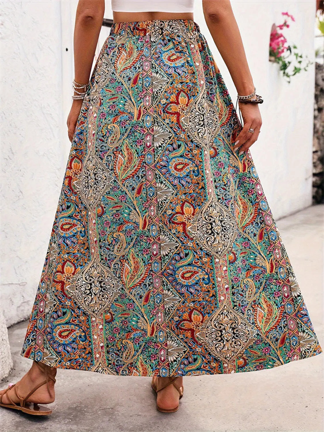 Slit Printed Elastic Waist Skirt - ThingsWeUseAndLove 