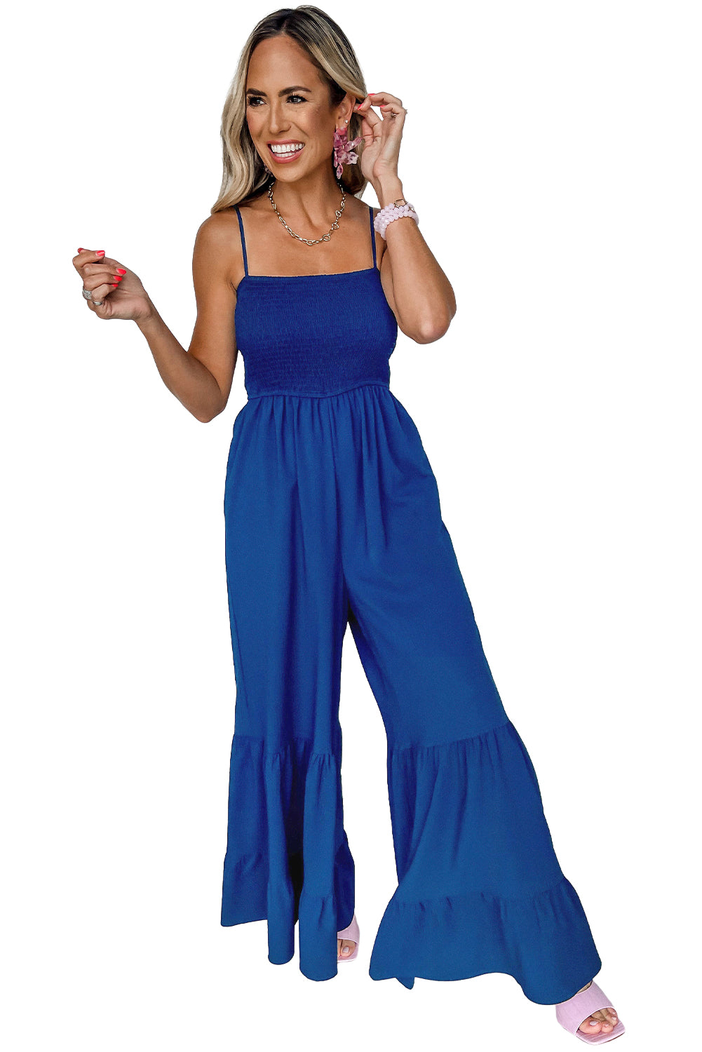 Spaghetti Straps Smocked Ruffled Wide Leg Jumpsuit - ThingsWeUseAndLove 