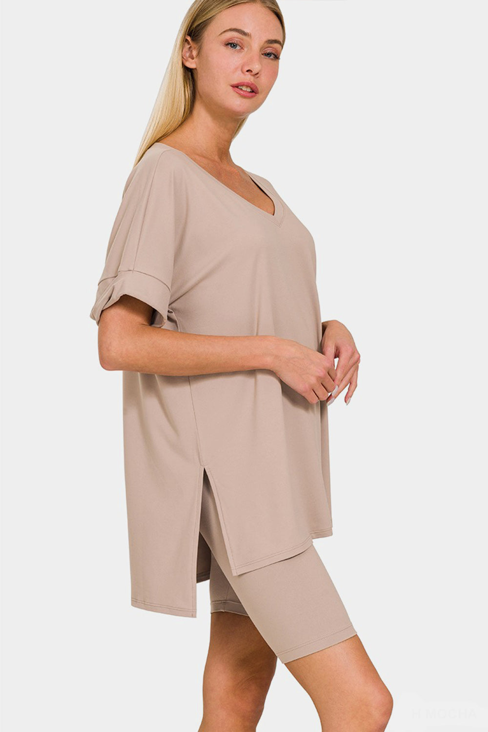 Zenana Full Size V-Neck Short Sleeve Slit T-Shirt and Shorts Set - ThingsWeUseAndLove Ash-Mocha-3XL