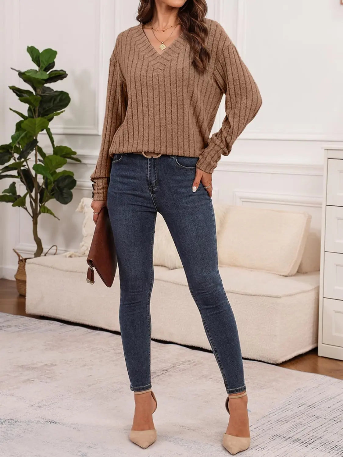 Ribbed V-Neck Long Sleeve T-Shirt - ThingsWeUseAndLove 