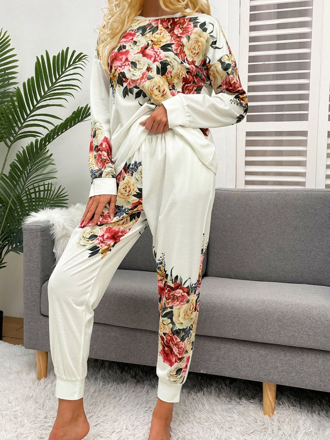 Rose Printed Round Neck Top and Pants Lounge Set - ThingsWeUseAndLove 