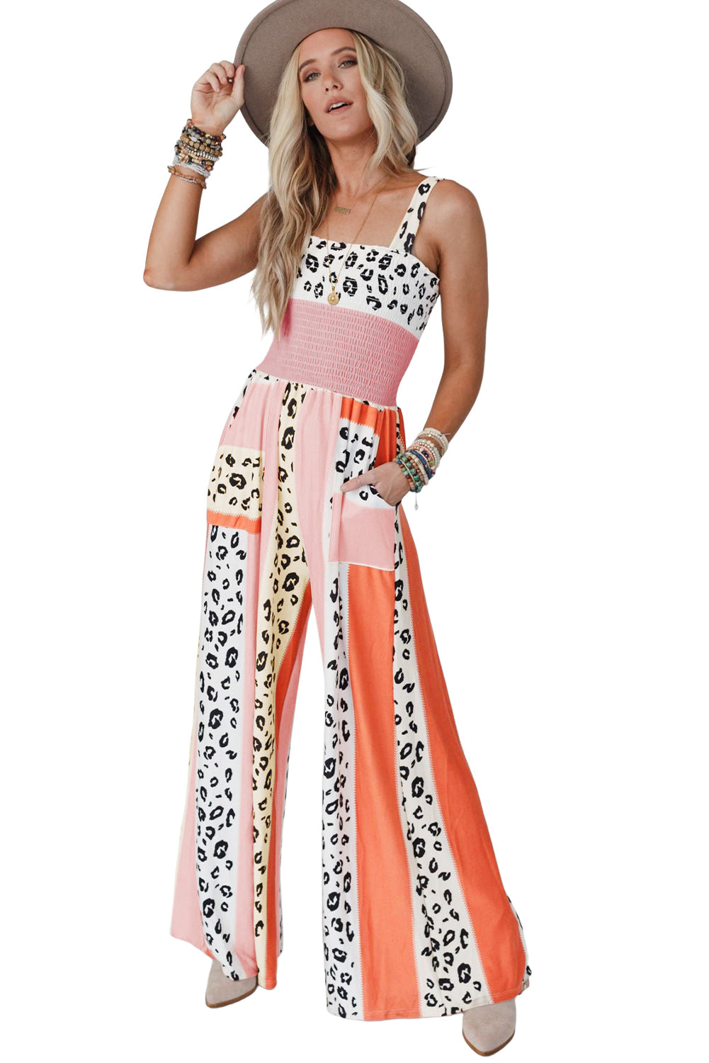 Pink Leopard Color Block Patchwork Strap Jumpsuit - ThingsWeUseAndLove 