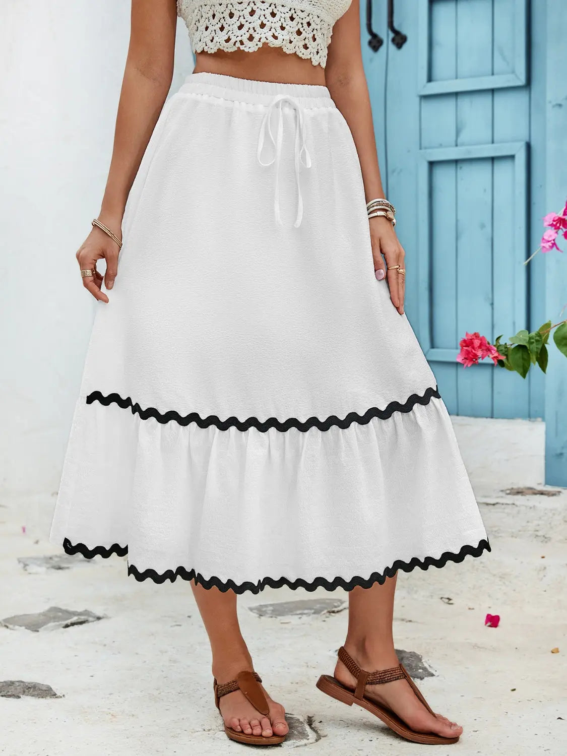 Tied Contrast Trim High Waist Skirt - ThingsWeUseAndLove 