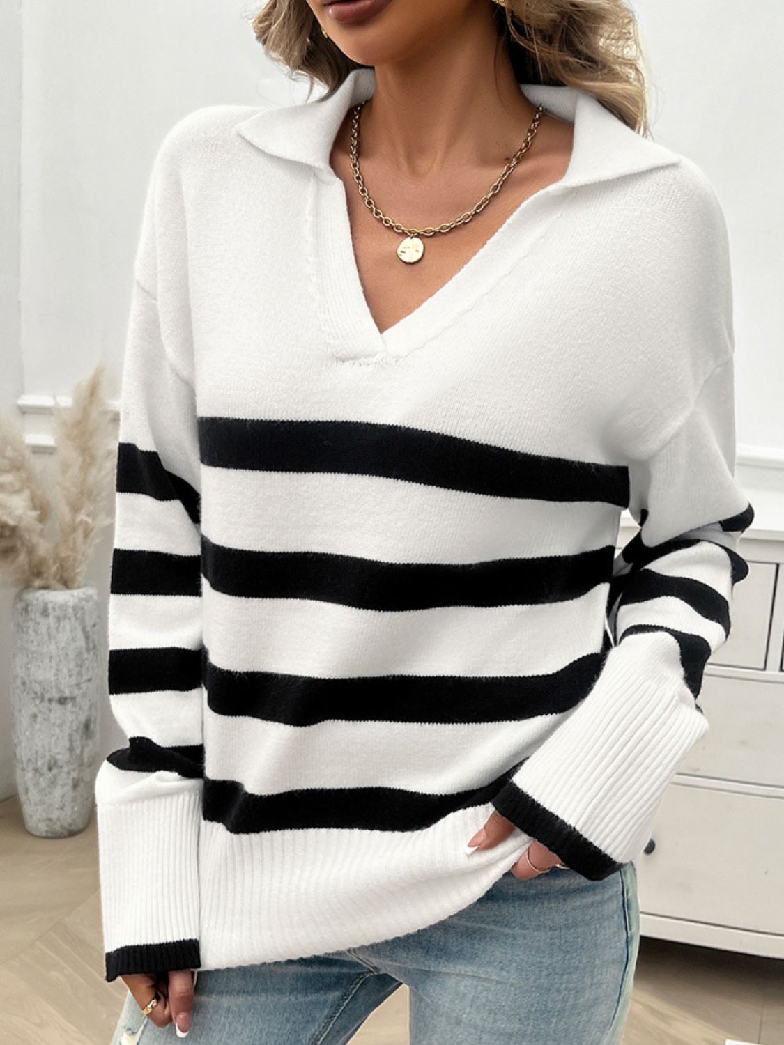 Paityn Collared Neck Long Sleeve Striped Sweater - ThingsWeUseAndLove 