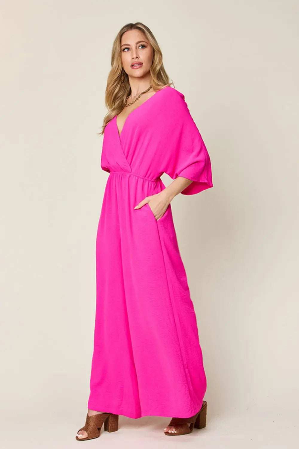 Size Inclusive Surplice Wide Leg Jumpsuit with Pockets - ThingsWeUseAndLove 
