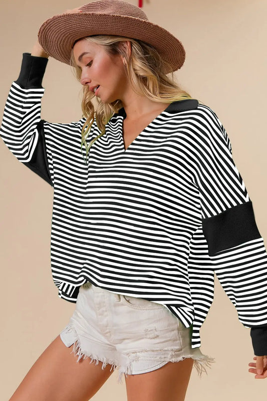 Striped Contrast Long Sleeve Knit Top - ThingsWeUseAndLove Black-XL