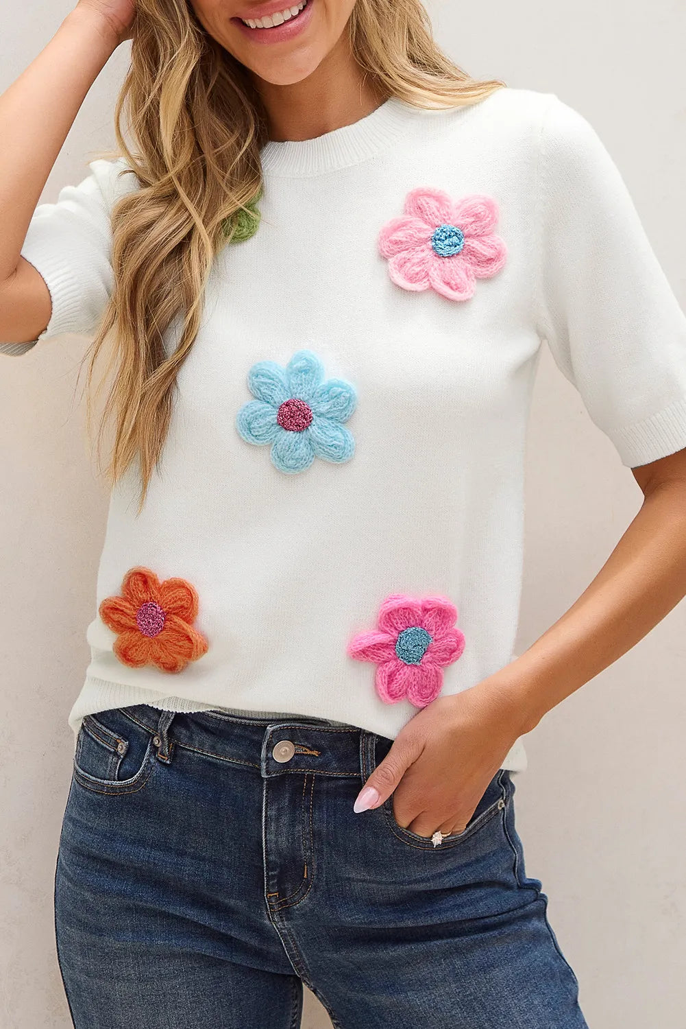 Flower Power Short Sleeve Sweater - ThingsWeUseAndLove White-XL