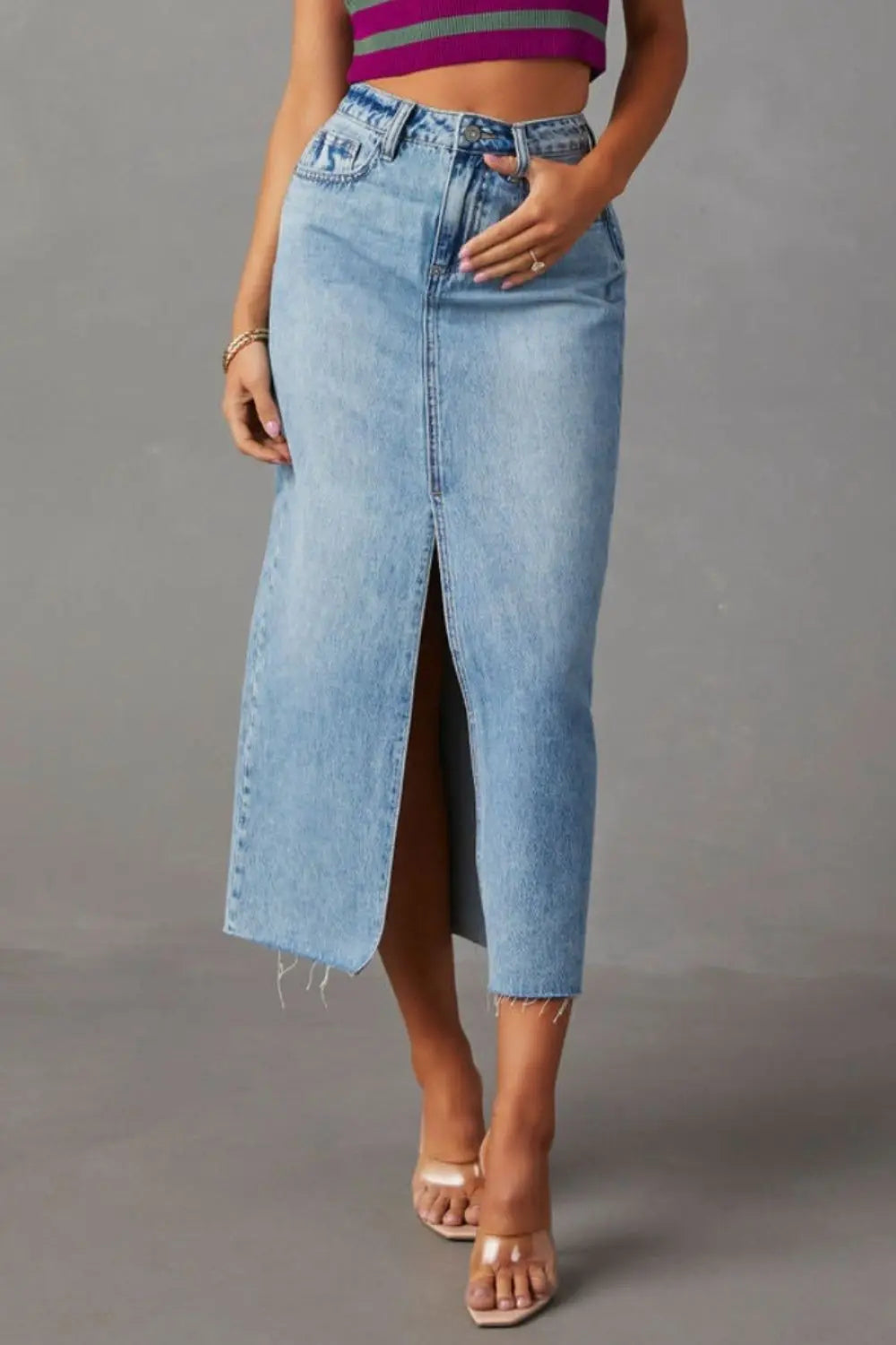 Slit Raw Hem Midi Denim Skirt - ThingsWeUseAndLove 