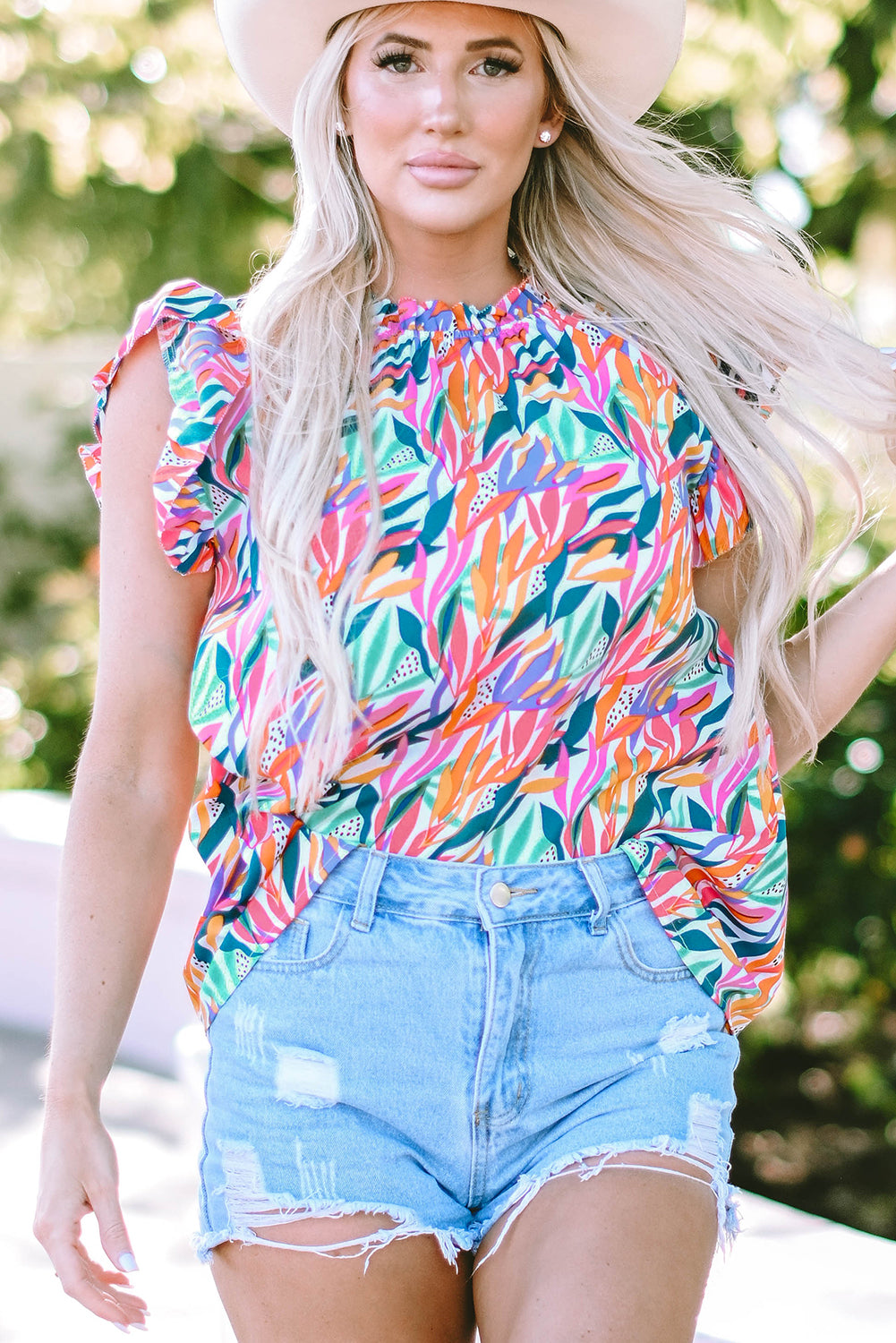 Rose Red Floral Print Ruffled Flutter Sleeve Blouse - ThingsWeUseAndLove 