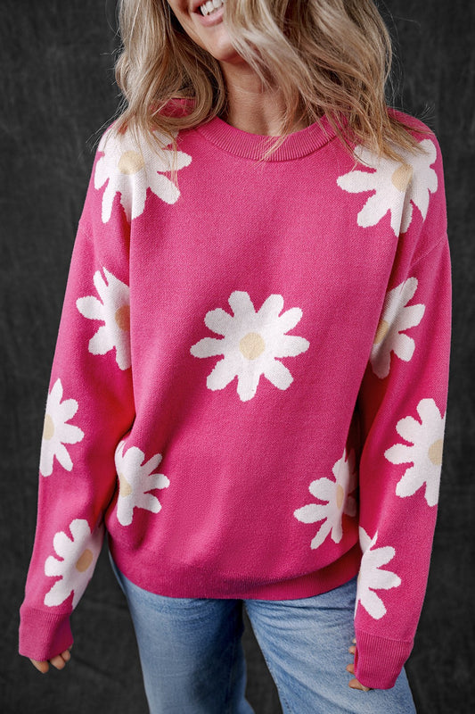 Daisy Round Neck Dropped Shoulder Sweater - ThingsWeUseAndLove Hot-Pink-XL