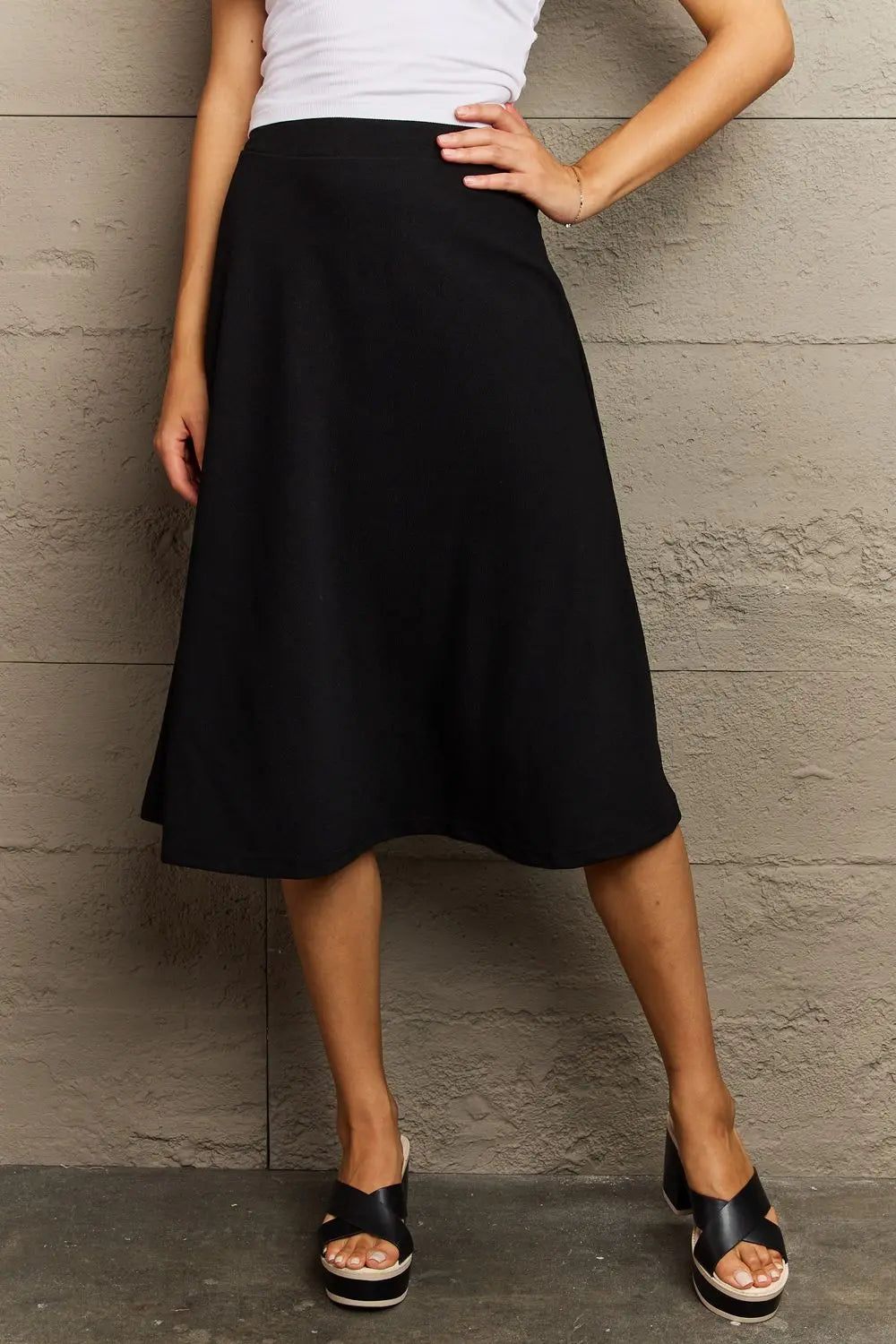 Wide Waistband Knee Length Skirt - ThingsWeUseAndLove Black-XL