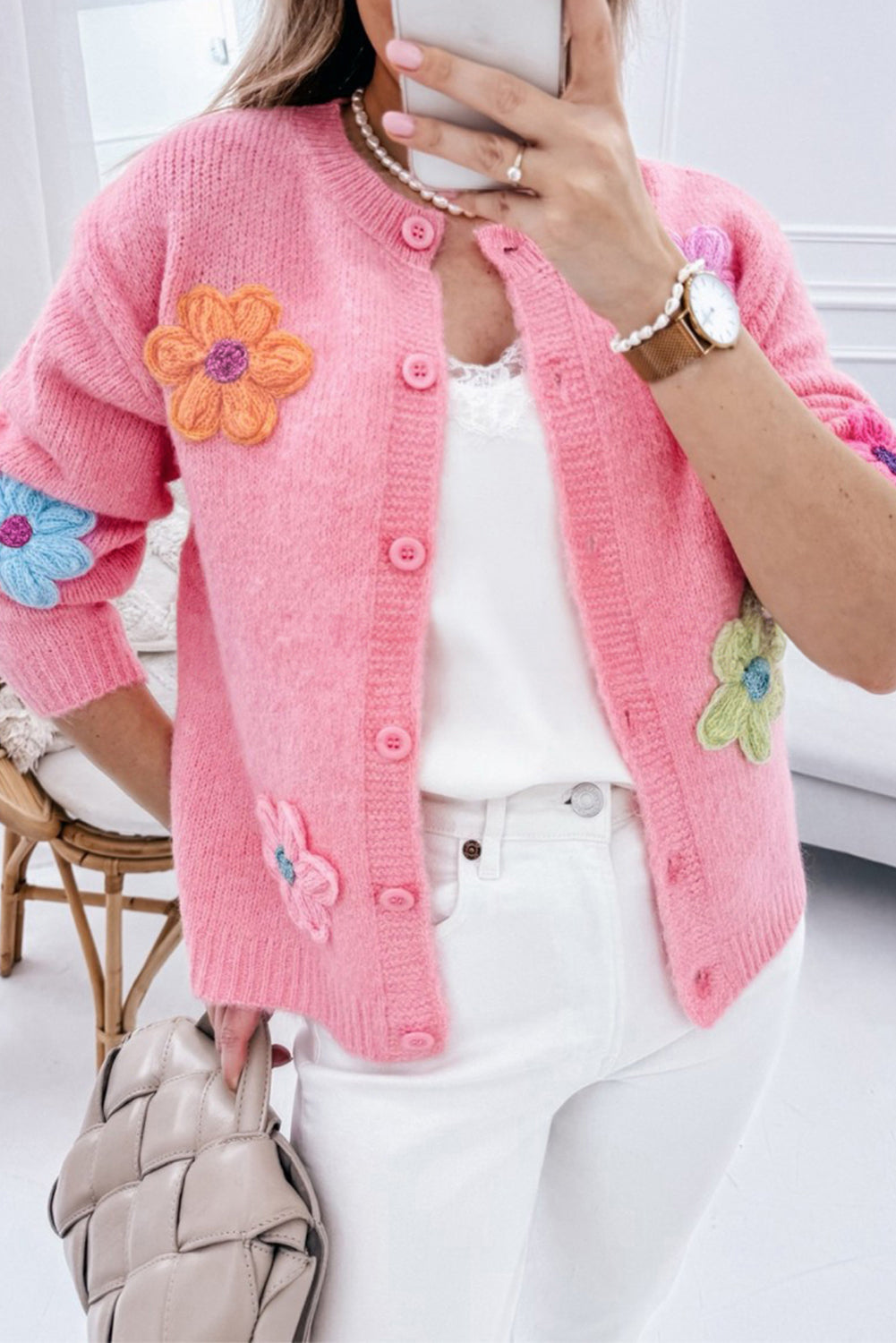 White Cute Flower Pattern Button-Up Cardigan - ThingsWeUseAndLove Pink-XL