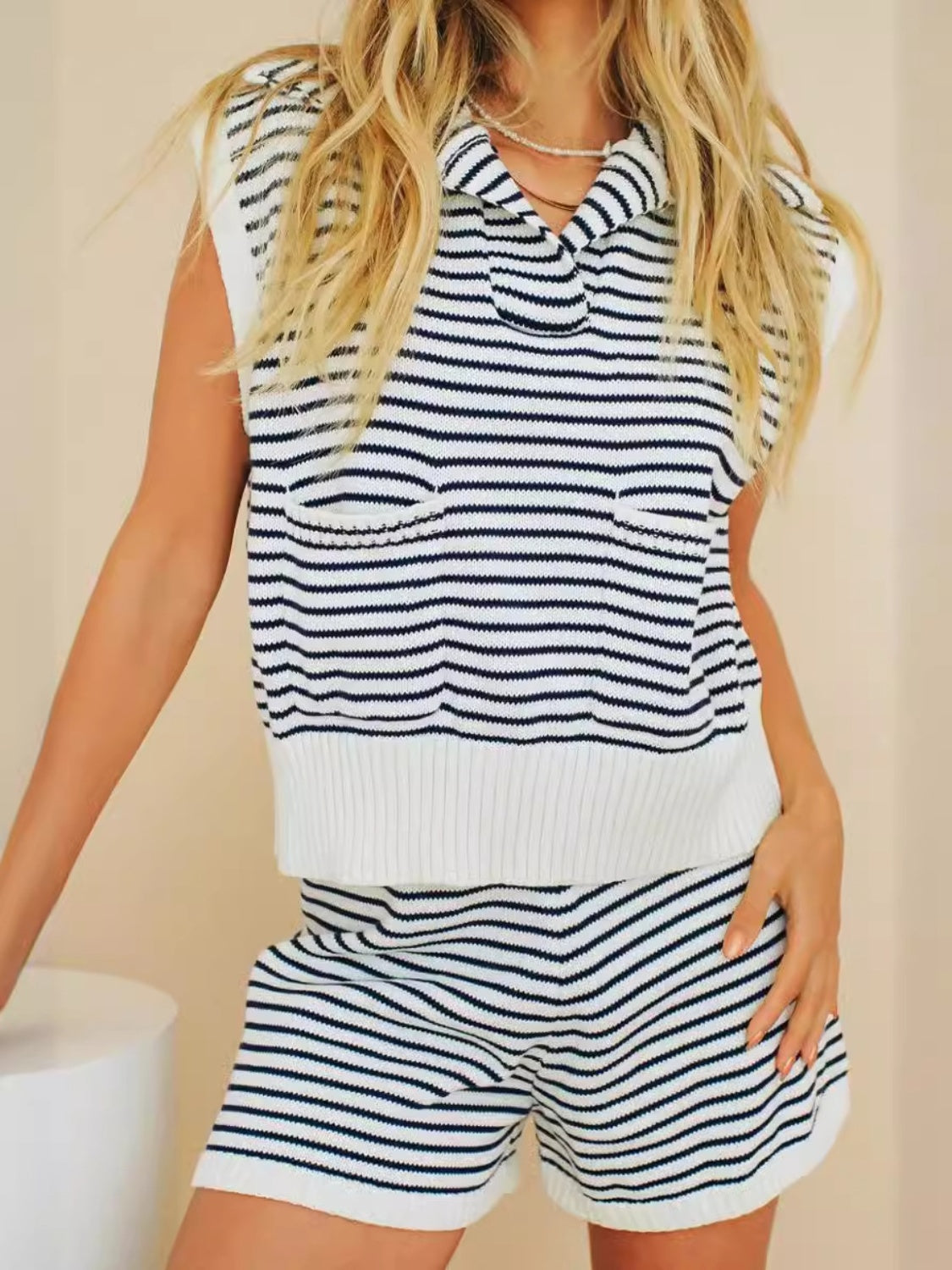 Striped Cap Sleeve Top and Shorts Sweater Set - ThingsWeUseAndLove White-2XL