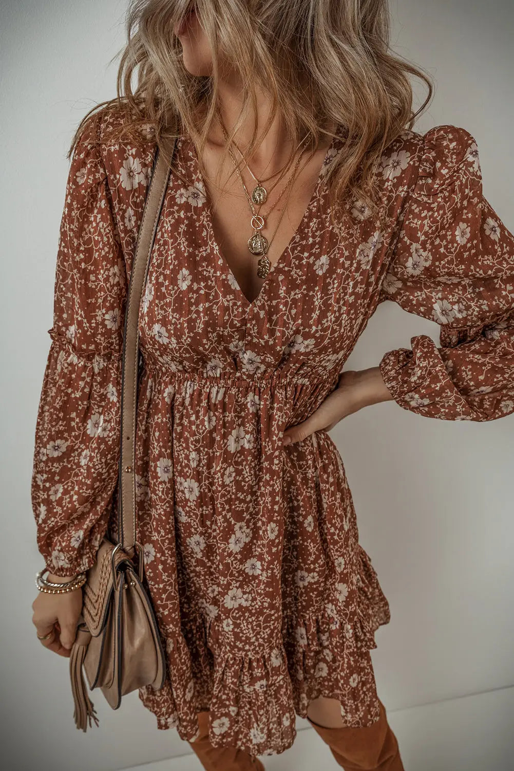 Brown Boho Floral Ruffle Puff Sleeve V Neck Mini Dress - ThingsWeUseAndLove 