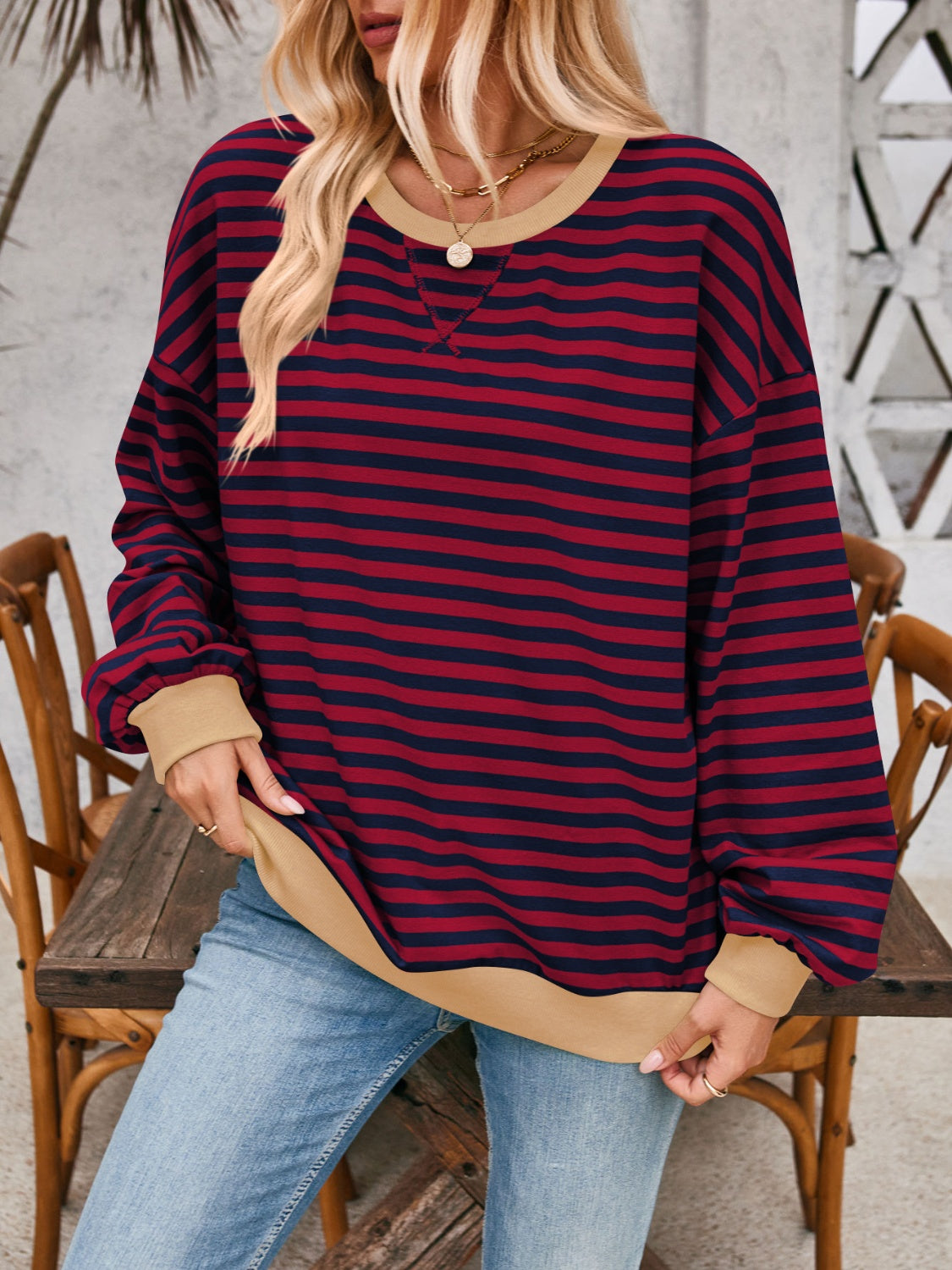 Aviana Contrast Striped Long Sleeve Sweatshirt - ThingsWeUseAndLove Burgundy-XL