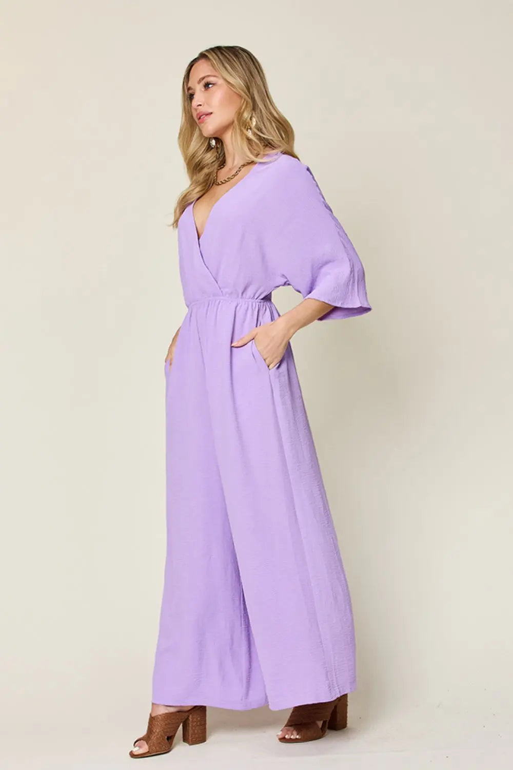 Size Inclusive Surplice Wide Leg Jumpsuit with Pockets - ThingsWeUseAndLove 