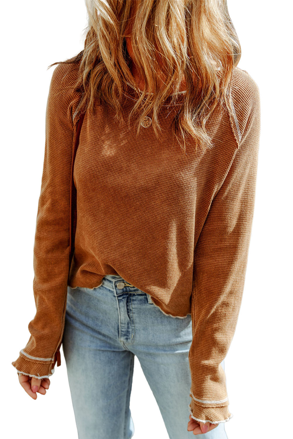 Exposed Seam Textured Pullover Long Sleeve Top - ThingsWeUseAndLove 