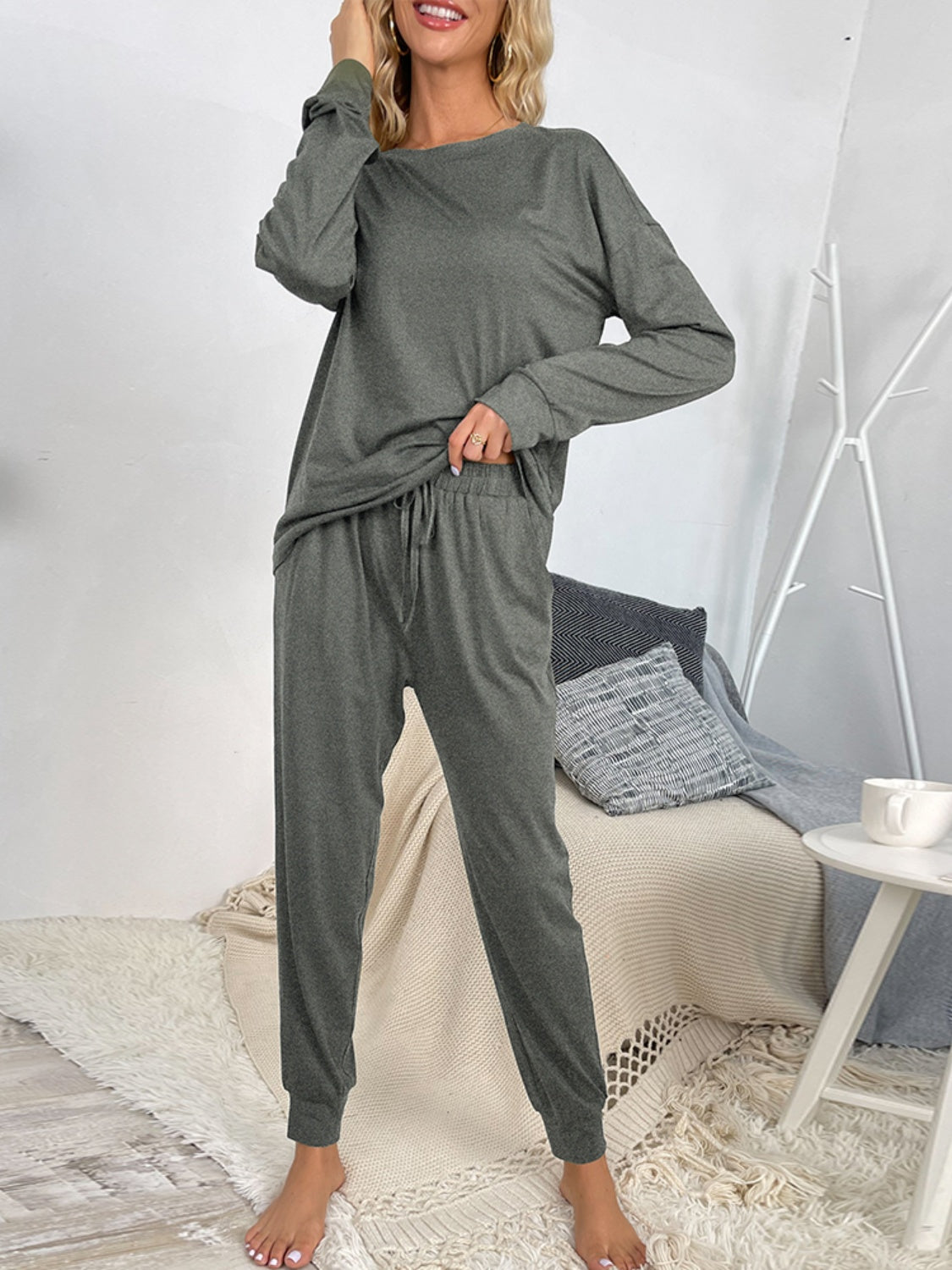 Zya Round Neck Top and Drawstring Pants Lounge Set - ThingsWeUseAndLove 